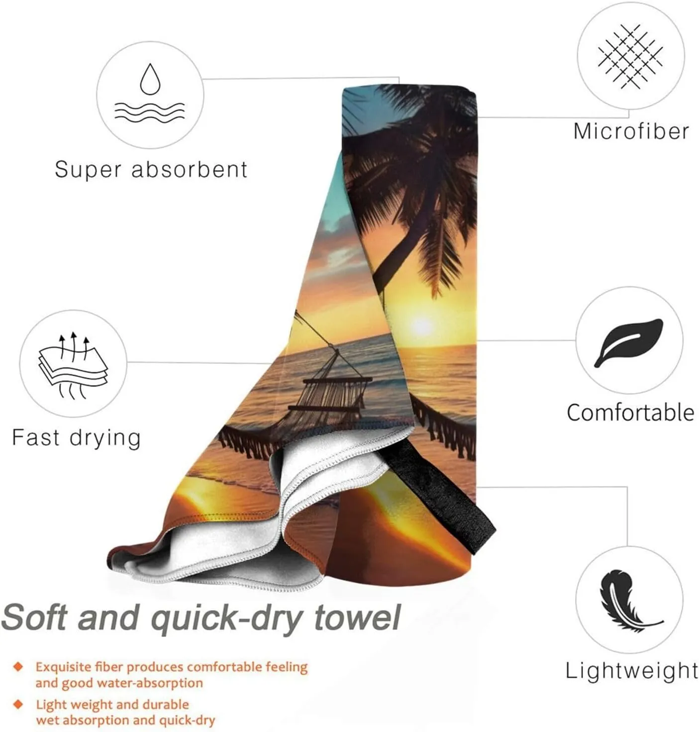 Coconut Beach Sunset Hammock Print Quick Dry Towel Super Absorbent Microfiber Towel for Outdoor Adventures and Trav