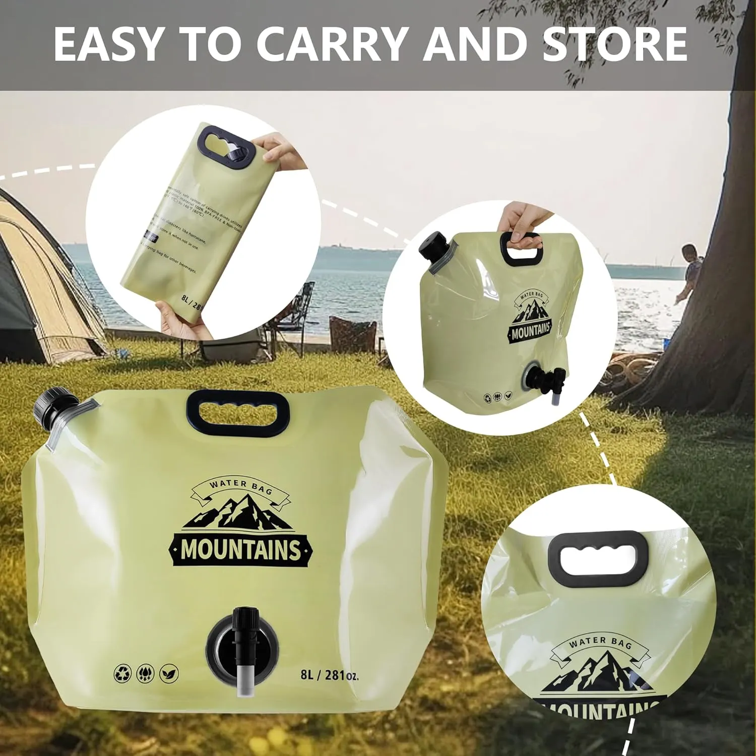 Collapsible 8L Water Storage Bag, BPA-Free Portable Folding Water Jug with Adjustable Faucet, Leakproof Emergency Water Bag for Camping, Hiking, Riding, Outdoor Sport (GREEN, 2)