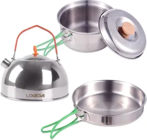 Collapsible Camping Cookware Stainless Steel for 1-2 People Cooking Pot Frying Pan Suitable for All Stove Types Lightweight and Portable All-in-One Camp Cookware Set