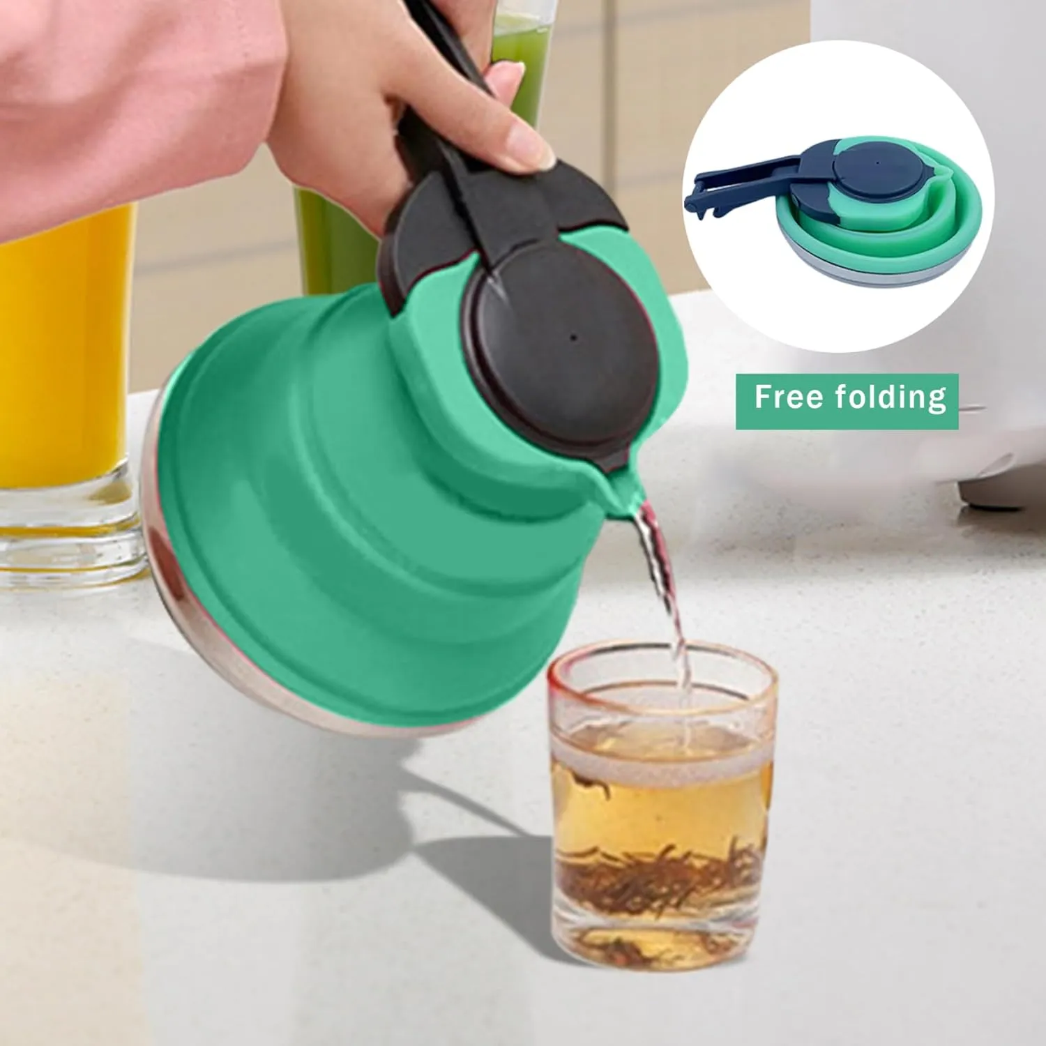 Collapsible Kettle 51 Oz Foldable Kettle Silicone Kettle with Handle Camping Coffee Pot Portable Camping Kettles for Boiling Water for Hiking Travel & Outdoors, Coffee Tea Pots