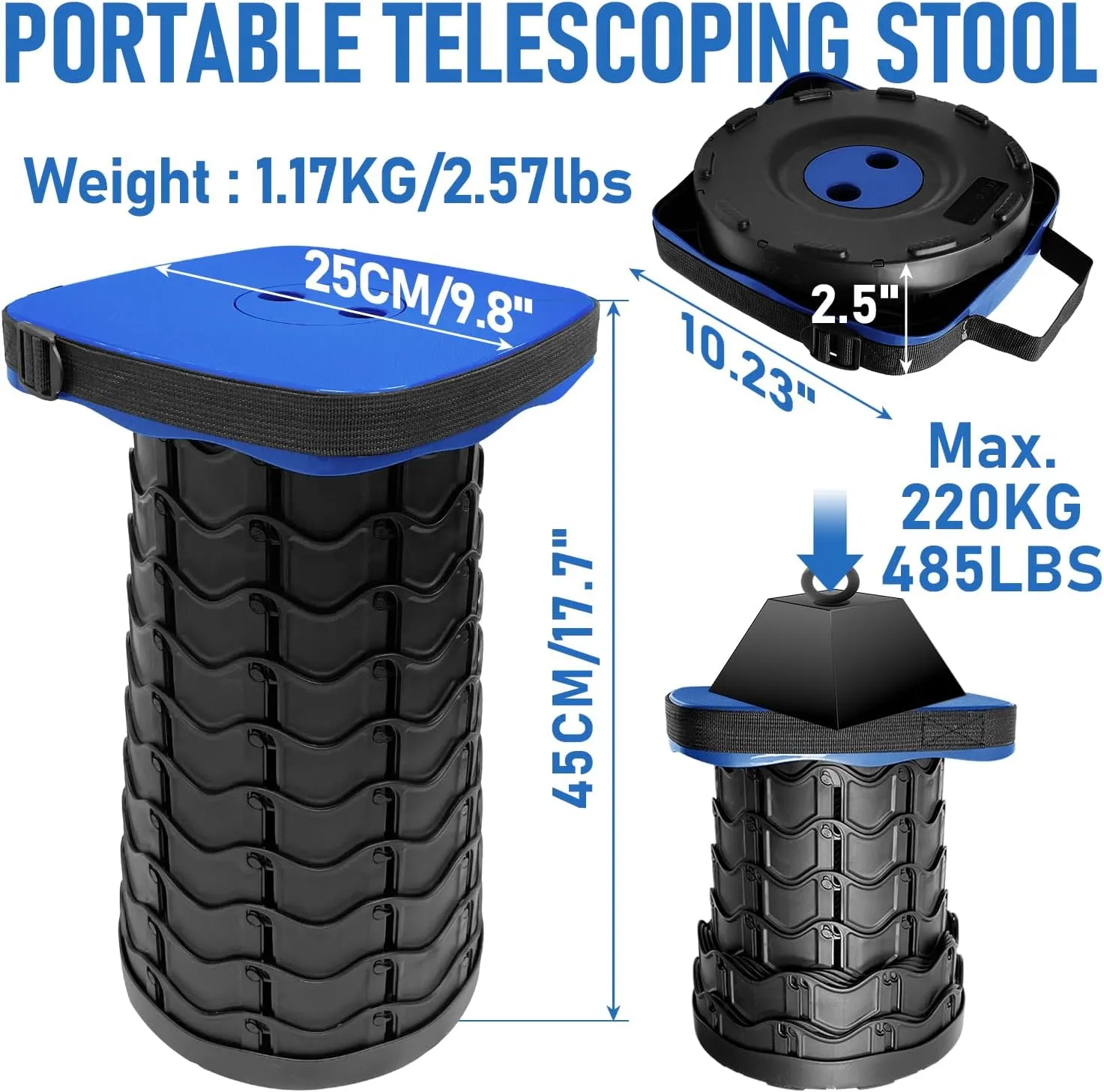 Collapsible Stools Folding Chair, Upgrade Square Telescoping Stool, Portable Retractable Stool Foldable Stools for Camping Gardening Fishing Hiking BBQ (Blue)