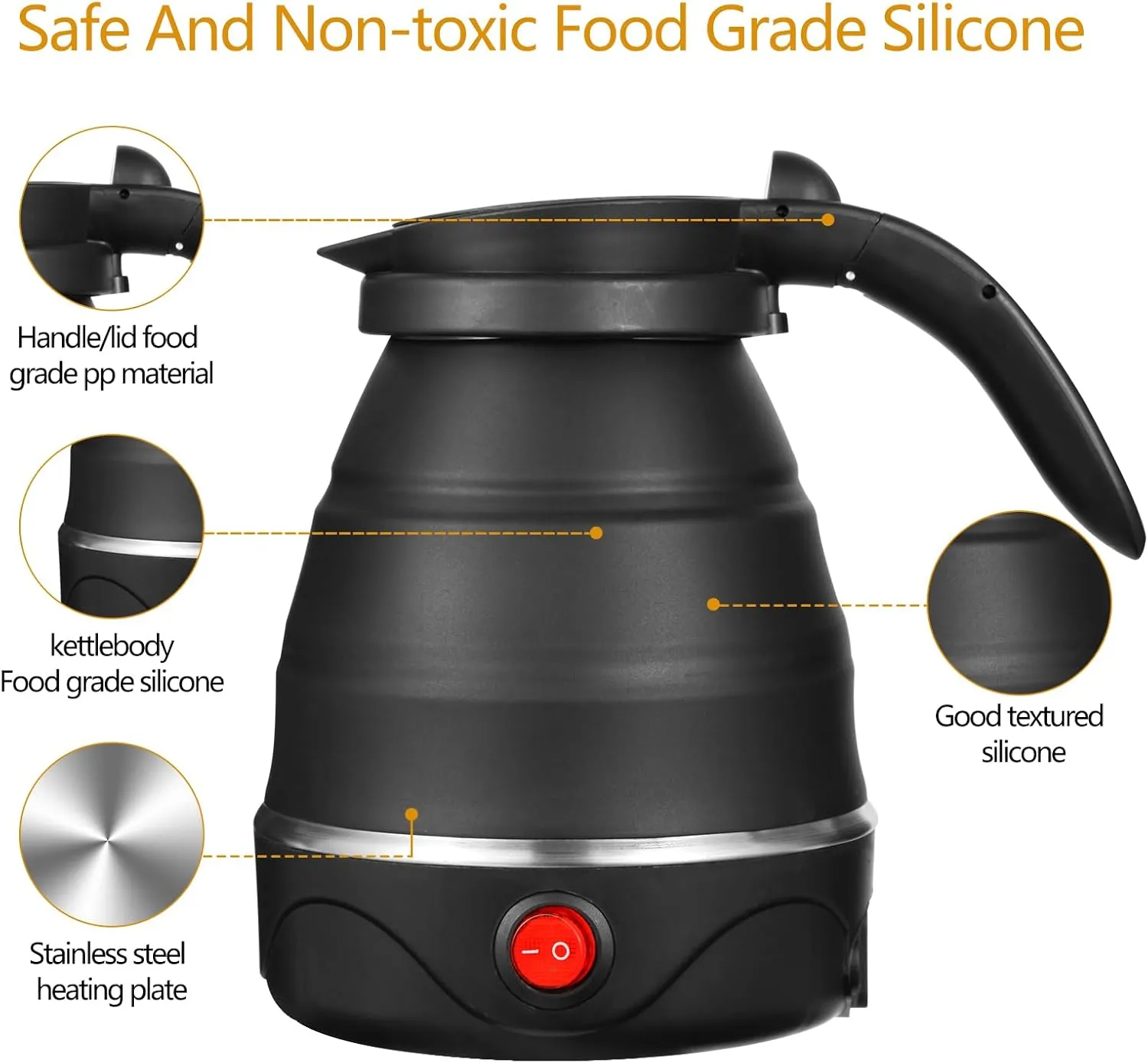 Collapsible Travel Electric Kettle (110 Volt), Travel Portable Electric Tea Kettle, Food Grade Silicone Small Electric Kettle (black, small)