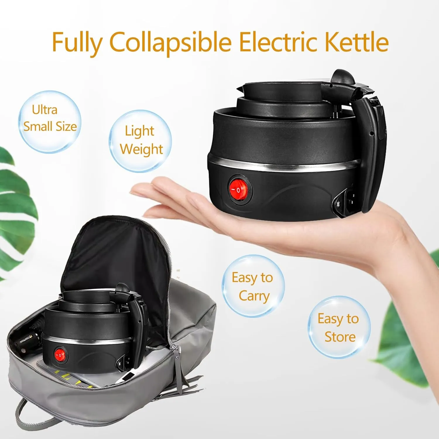 Collapsible Travel Electric Kettle (110 Volt), Travel Portable Electric Tea Kettle, Food Grade Silicone Small Electric Kettle (black, small)