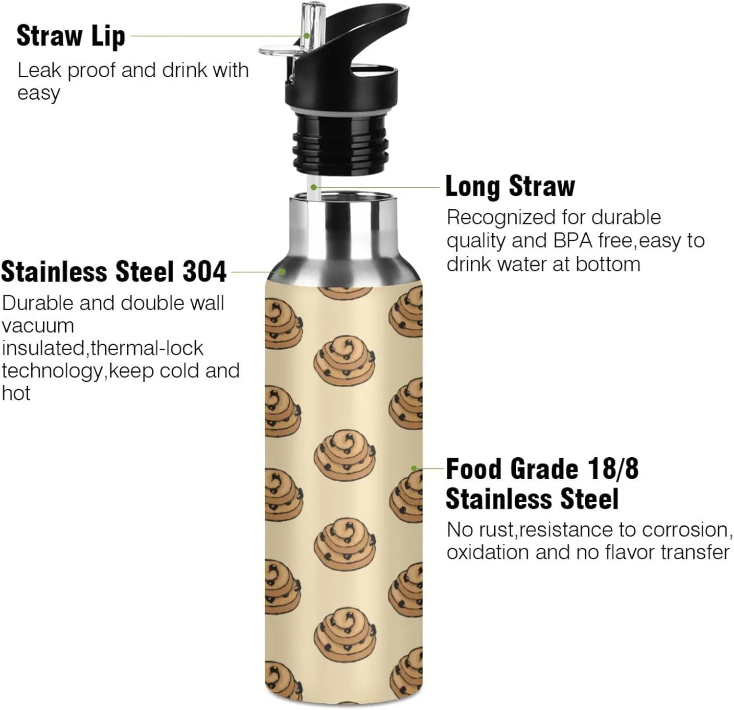 Colorful Cookies Water Bottle with Straw Lid Double Wall Beige Thermos Bottle Vacuum Insulated Flask Stainless Steel Water Bottle for Gym Outdoor 20 OZ