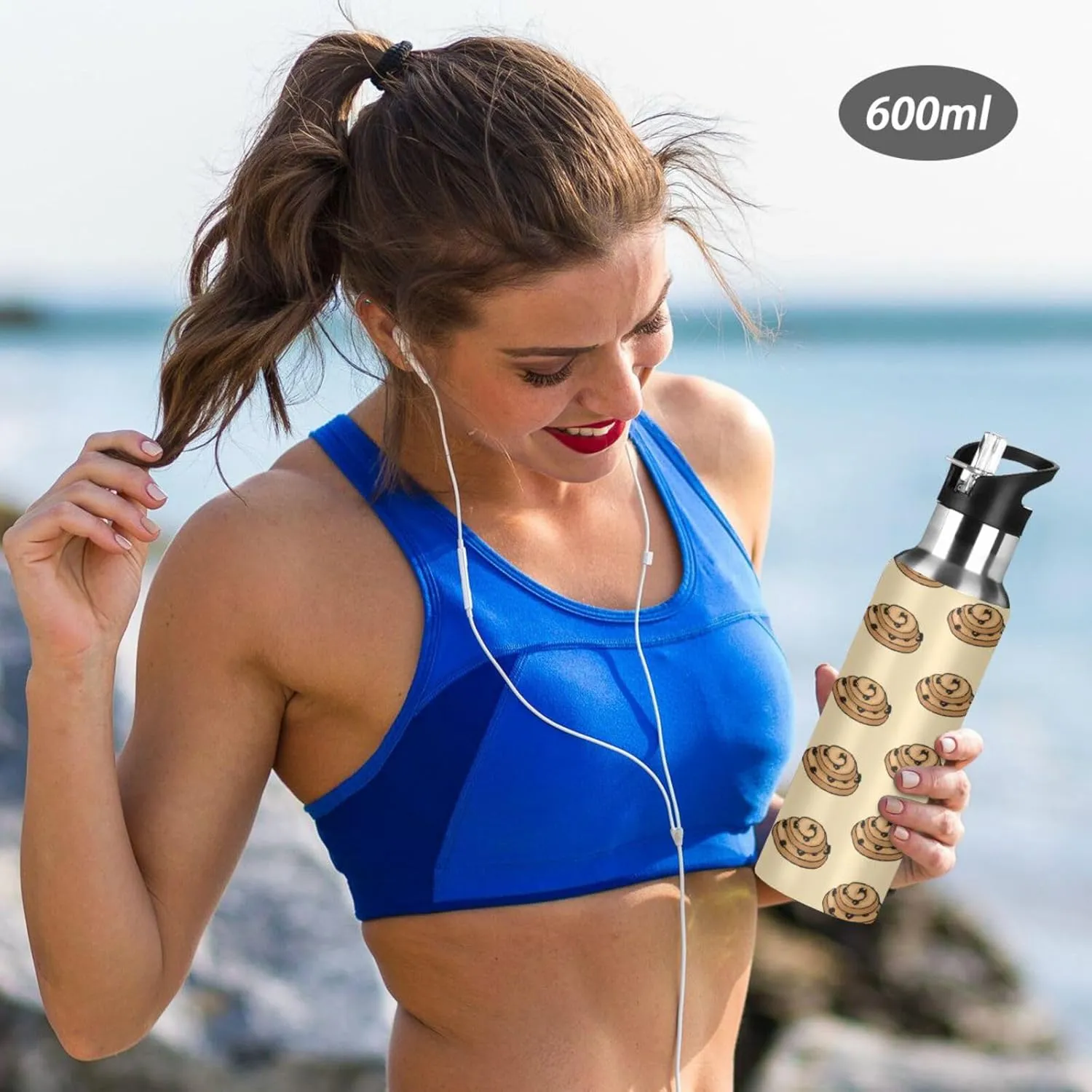 Colorful Cookies Water Bottle with Straw Lid Double Wall Beige Thermos Bottle Vacuum Insulated Flask Stainless Steel Water Bottle for Gym Outdoor 20 OZ