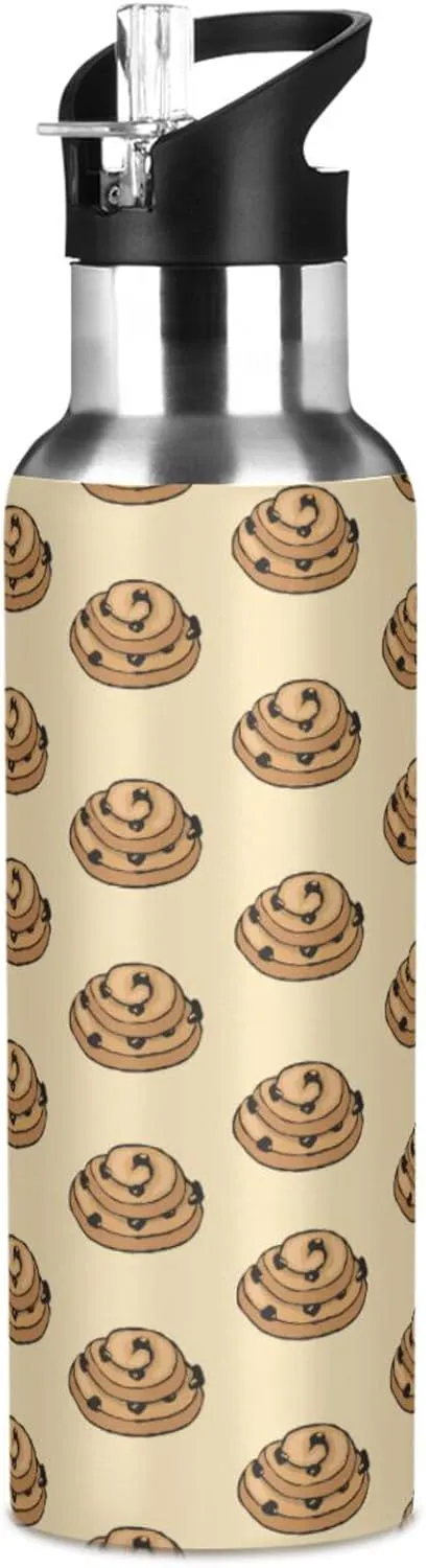 Colorful Cookies Water Bottle with Straw Lid Double Wall Beige Thermos Bottle Vacuum Insulated Flask Stainless Steel Water Bottle for Gym Outdoor 20 OZ
