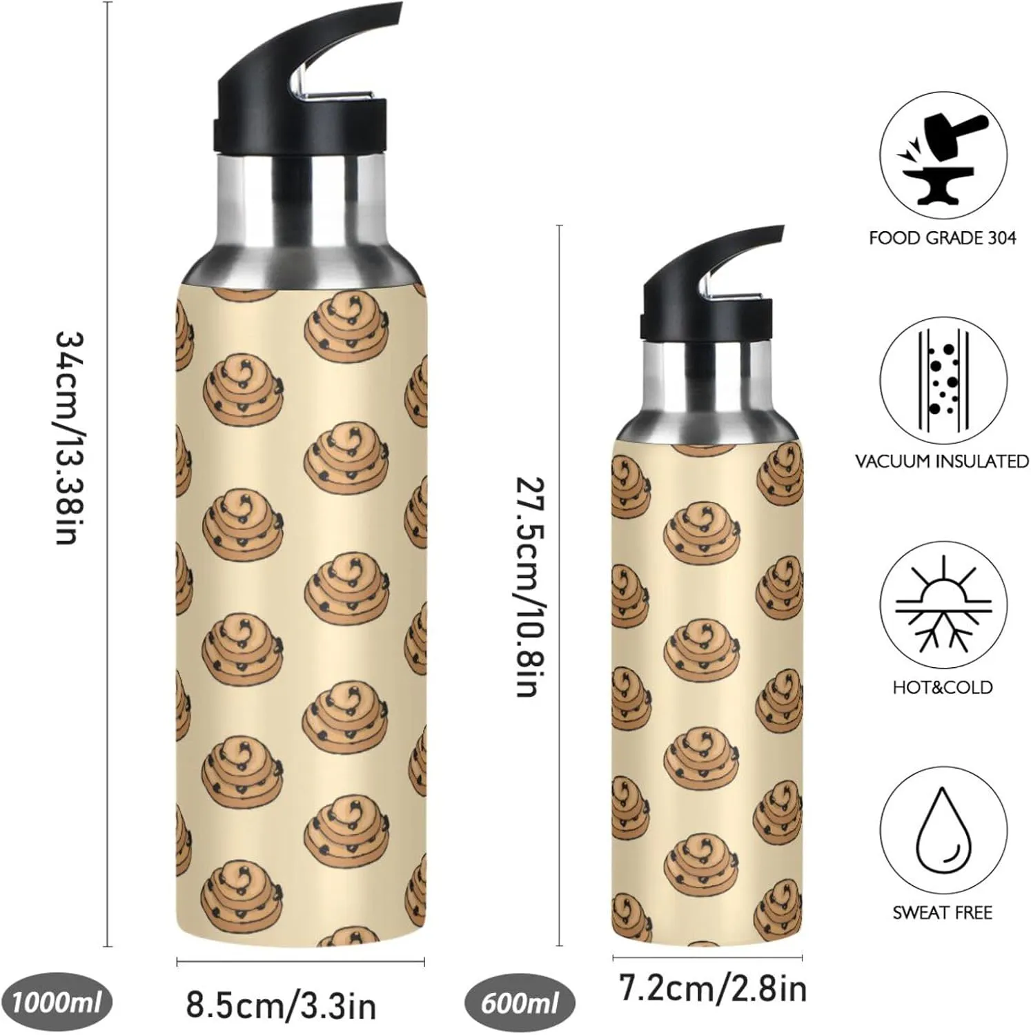 Colorful Cookies Water Bottle with Straw Lid Double Wall Beige Thermos Bottle Vacuum Insulated Flask Stainless Steel Water Bottle for Gym Outdoor 20 OZ