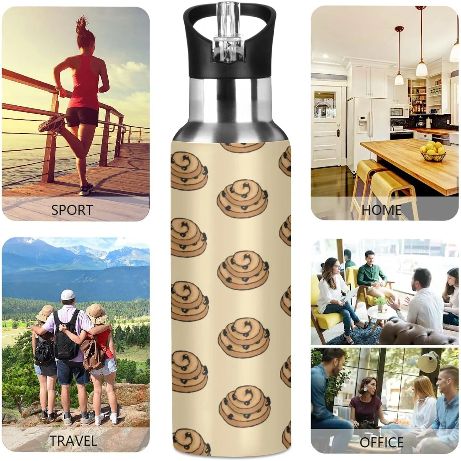 Colorful Cookies Water Bottle with Straw Lid Double Wall Beige Thermos Bottle Vacuum Insulated Flask Stainless Steel Water Bottle for Gym Outdoor 20 OZ