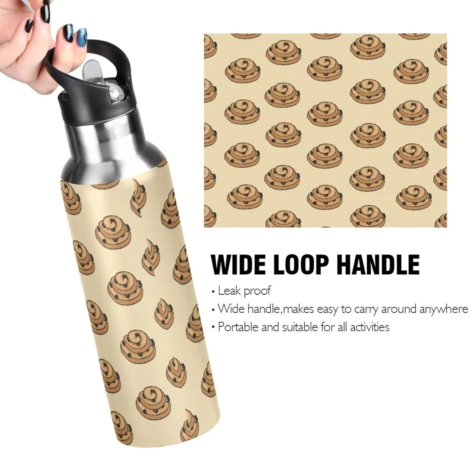 Colorful Cookies Water Bottle with Straw Lid Double Wall Beige Thermos Bottle Vacuum Insulated Flask Stainless Steel Water Bottle for Gym Outdoor 20 OZ