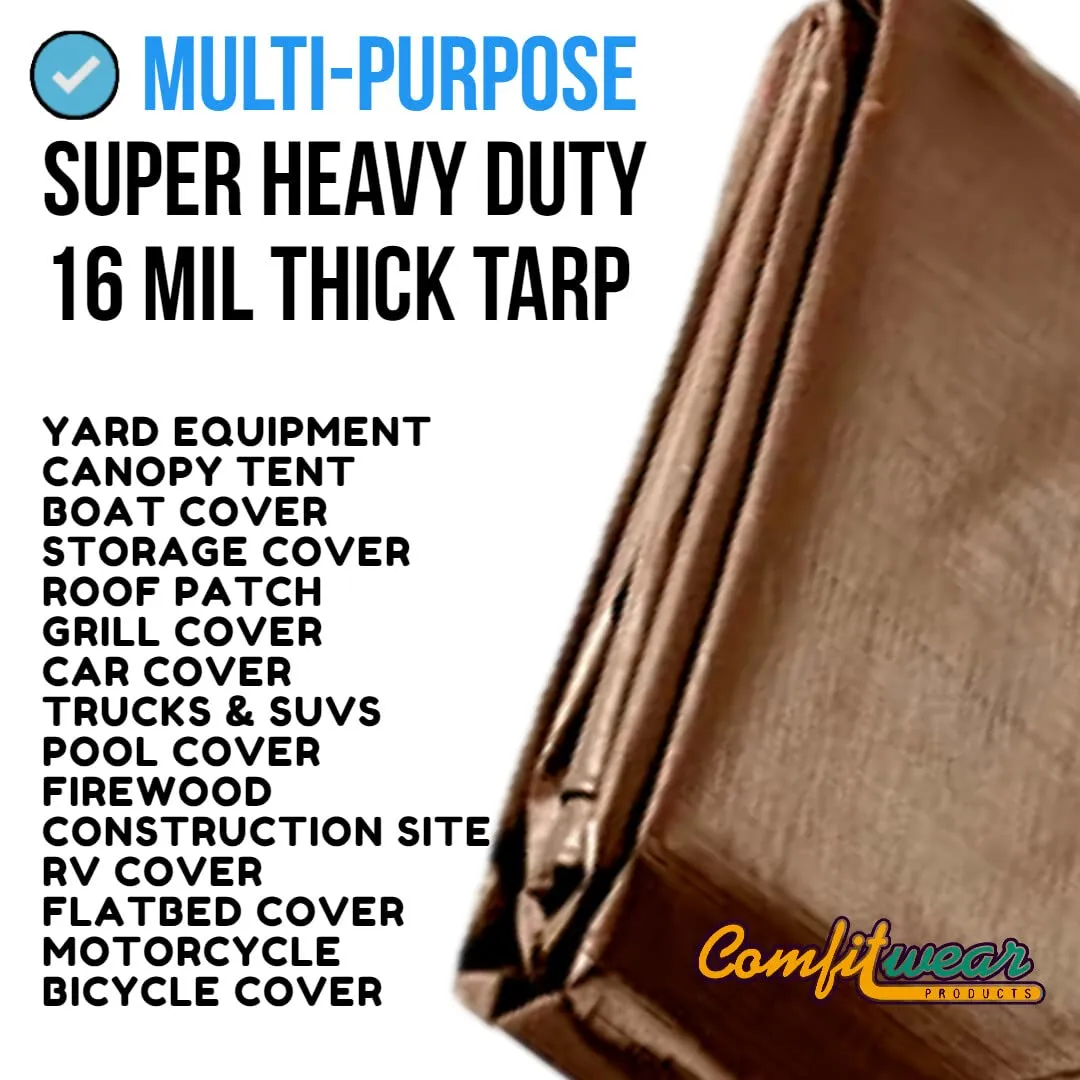 COMFITWEAR 16 MIL Heavy Duty Tarp Super Heavy Duty Tarp Cover 16 MIL Multi-Purpose Extra Heavy Duty Tarps Car Tarp Boat Tarp Camping Tarp General Purpose Waterproof Tarp Cover (20' X 40', Brown)