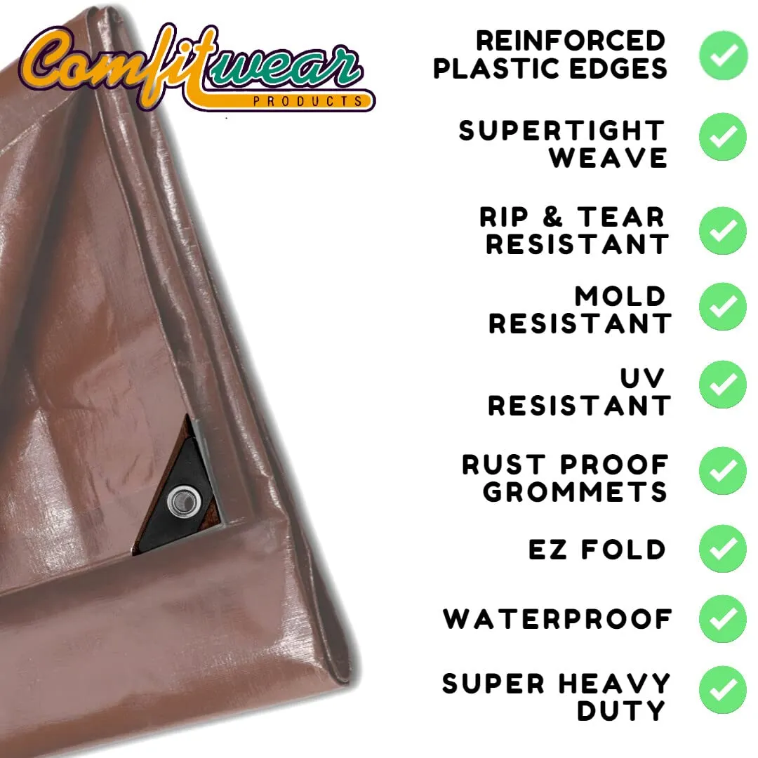 COMFITWEAR 16 MIL Heavy Duty Tarp Super Heavy Duty Tarp Cover 16 MIL Multi-Purpose Extra Heavy Duty Tarps Car Tarp Boat Tarp Camping Tarp General Purpose Waterproof Tarp Cover (20' X 40', Brown)