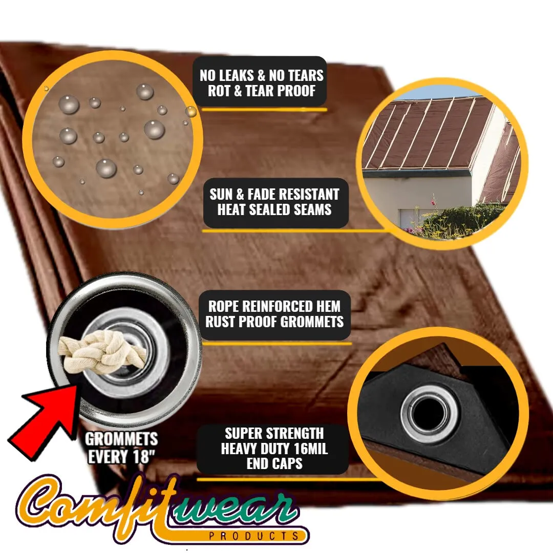 COMFITWEAR 16 MIL Heavy Duty Tarp Super Heavy Duty Tarp Cover 16 MIL Multi-Purpose Extra Heavy Duty Tarps Car Tarp Boat Tarp Camping Tarp General Purpose Waterproof Tarp Cover (20' X 40', Brown)