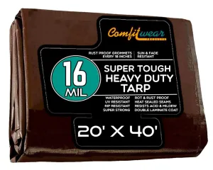 COMFITWEAR 16 MIL Heavy Duty Tarp Super Heavy Duty Tarp Cover 16 MIL Multi-Purpose Extra Heavy Duty Tarps Car Tarp Boat Tarp Camping Tarp General Purpose Waterproof Tarp Cover (20' X 40', Brown)
