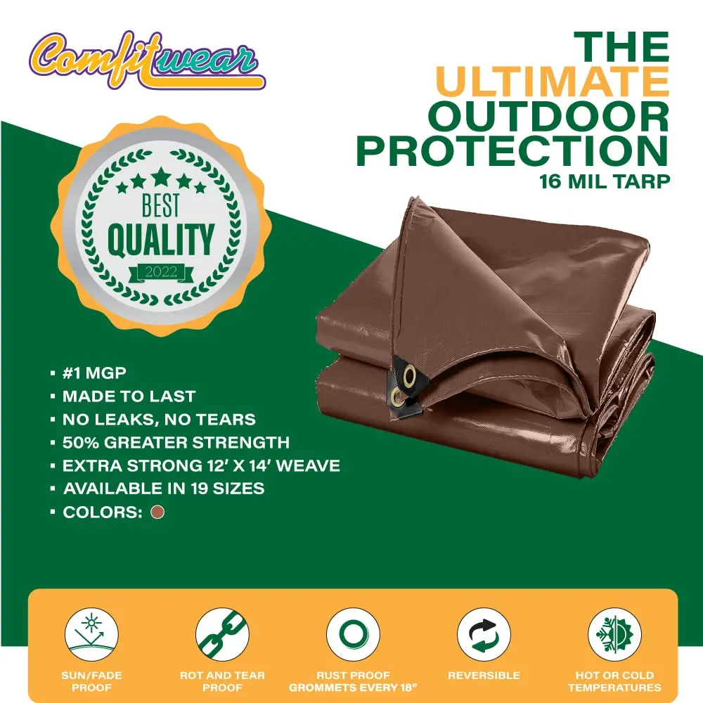 COMFITWEAR 16 MIL Heavy Duty Tarp Super Heavy Duty Tarp Cover 16 MIL Multi-Purpose Extra Heavy Duty Tarps Car Tarp Boat Tarp Camping Tarp General Purpose Waterproof Tarp Cover (20' X 40', Brown)