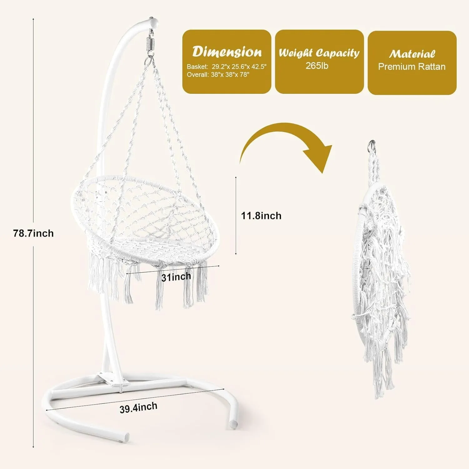 COOKCOK Boho Swinging Hammock Chairs with Stand for Bedroom, Patio, Porch, 265LBS Capacity, White