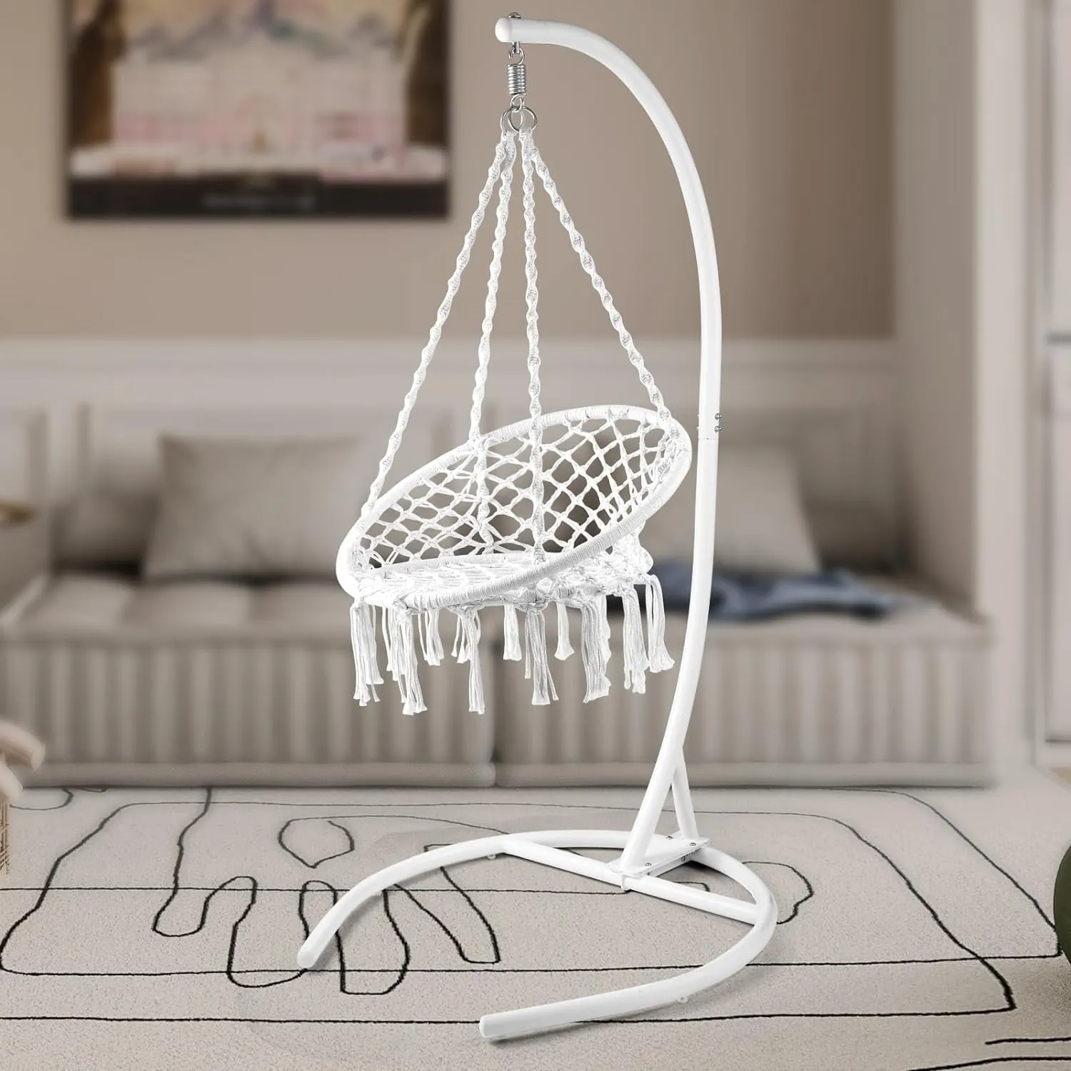 COOKCOK Boho Swinging Hammock Chairs with Stand for Bedroom, Patio, Porch, 265LBS Capacity, White