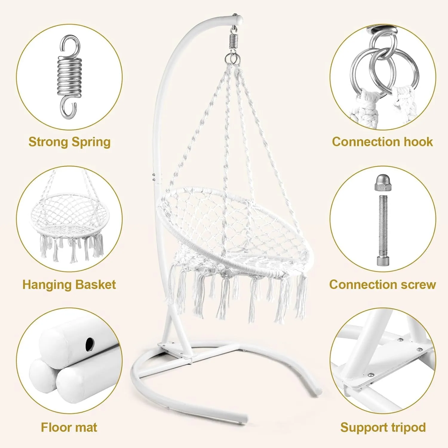 COOKCOK Boho Swinging Hammock Chairs with Stand for Bedroom, Patio, Porch, 265LBS Capacity, White