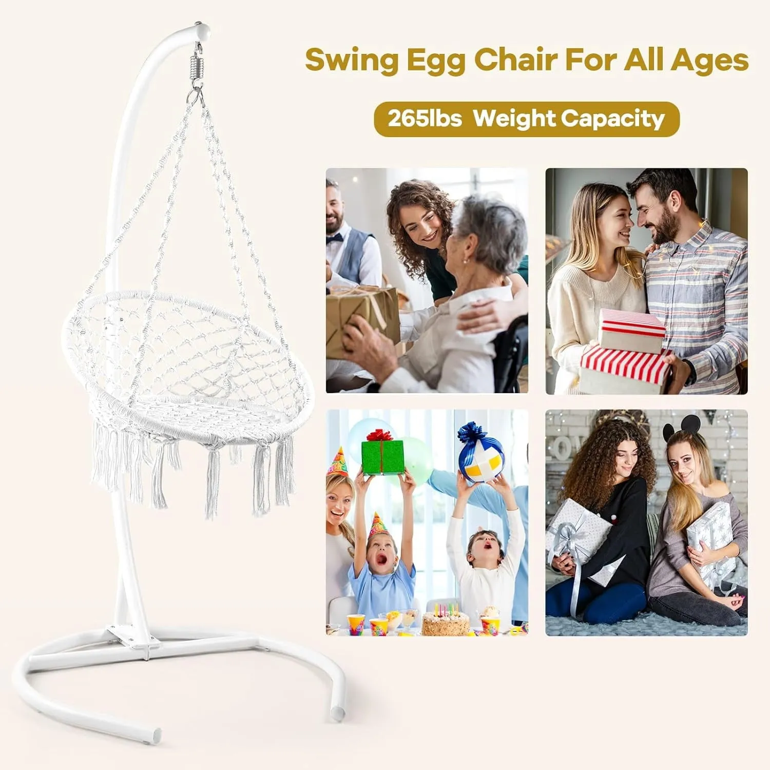 COOKCOK Boho Swinging Hammock Chairs with Stand for Bedroom, Patio, Porch, 265LBS Capacity, White