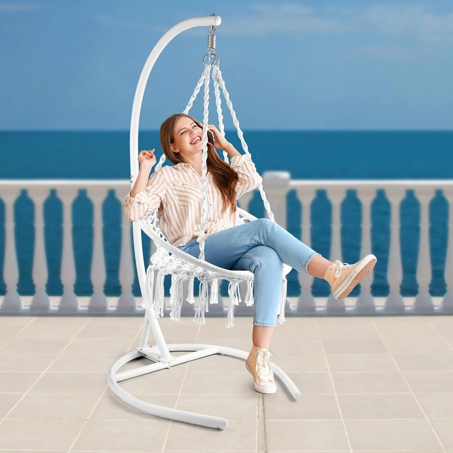 COOKCOK Boho Swinging Hammock Chairs with Stand for Bedroom, Patio, Porch, 265LBS Capacity, White