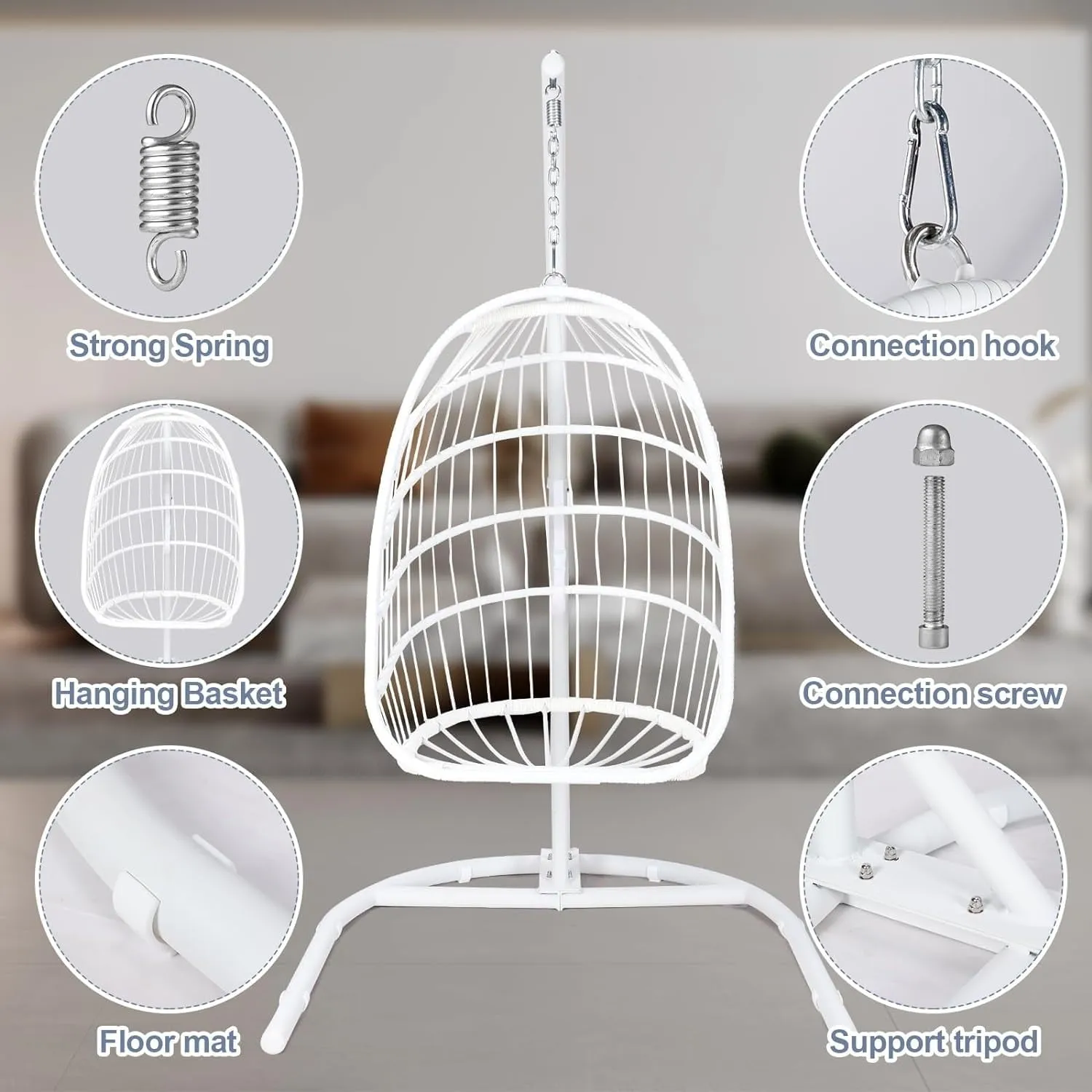 COOKCOK Hanging Egg Chair with Stand, Indoor and Outdoor for Patio, Bedroom, Porch, Garden, 350LBS Capacity, Steel, White