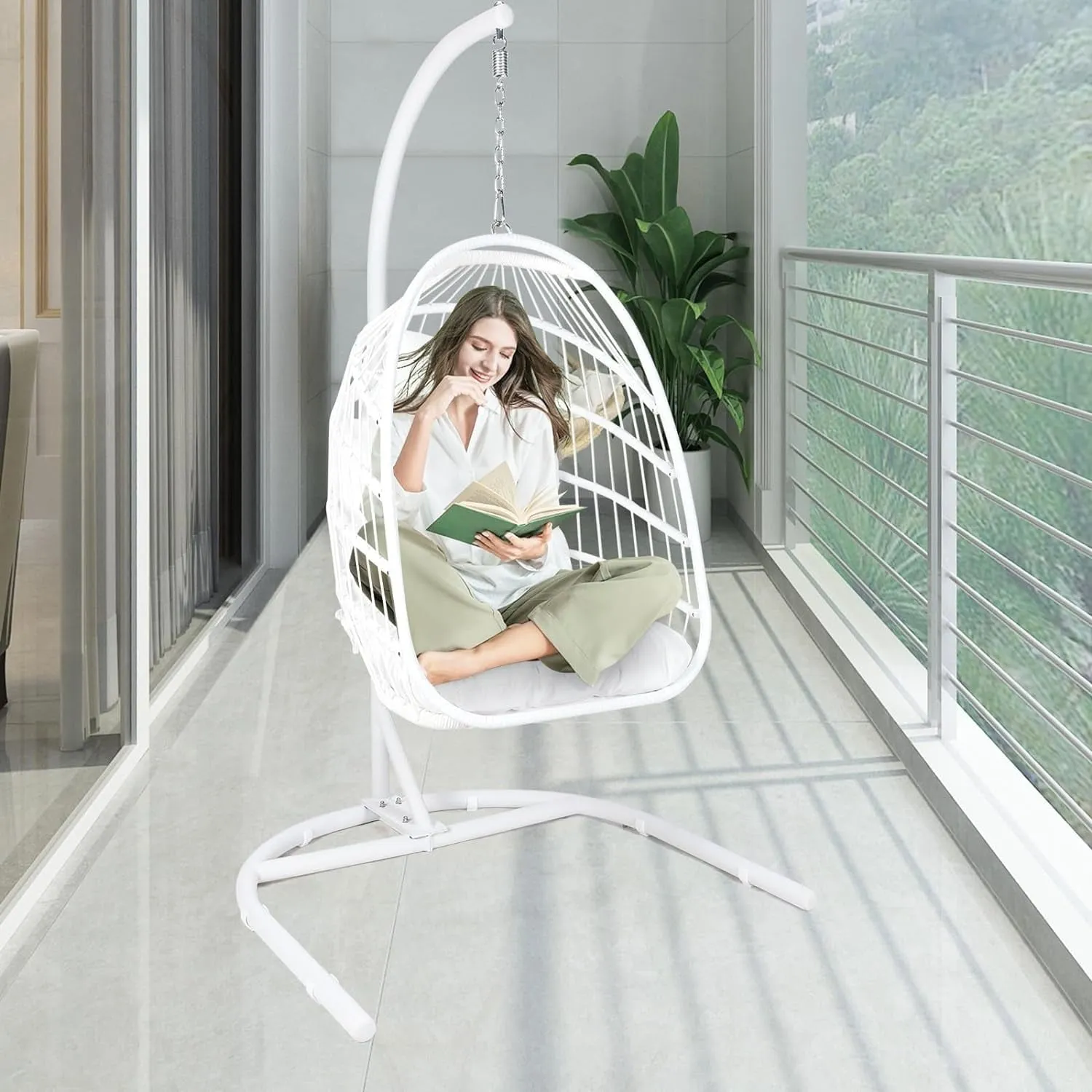 COOKCOK Hanging Egg Chair with Stand, Indoor and Outdoor for Patio, Bedroom, Porch, Garden, 350LBS Capacity, Steel, White