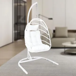 COOKCOK Hanging Egg Chair with Stand, Indoor and Outdoor for Patio, Bedroom, Porch, Garden, 350LBS Capacity, Steel, White