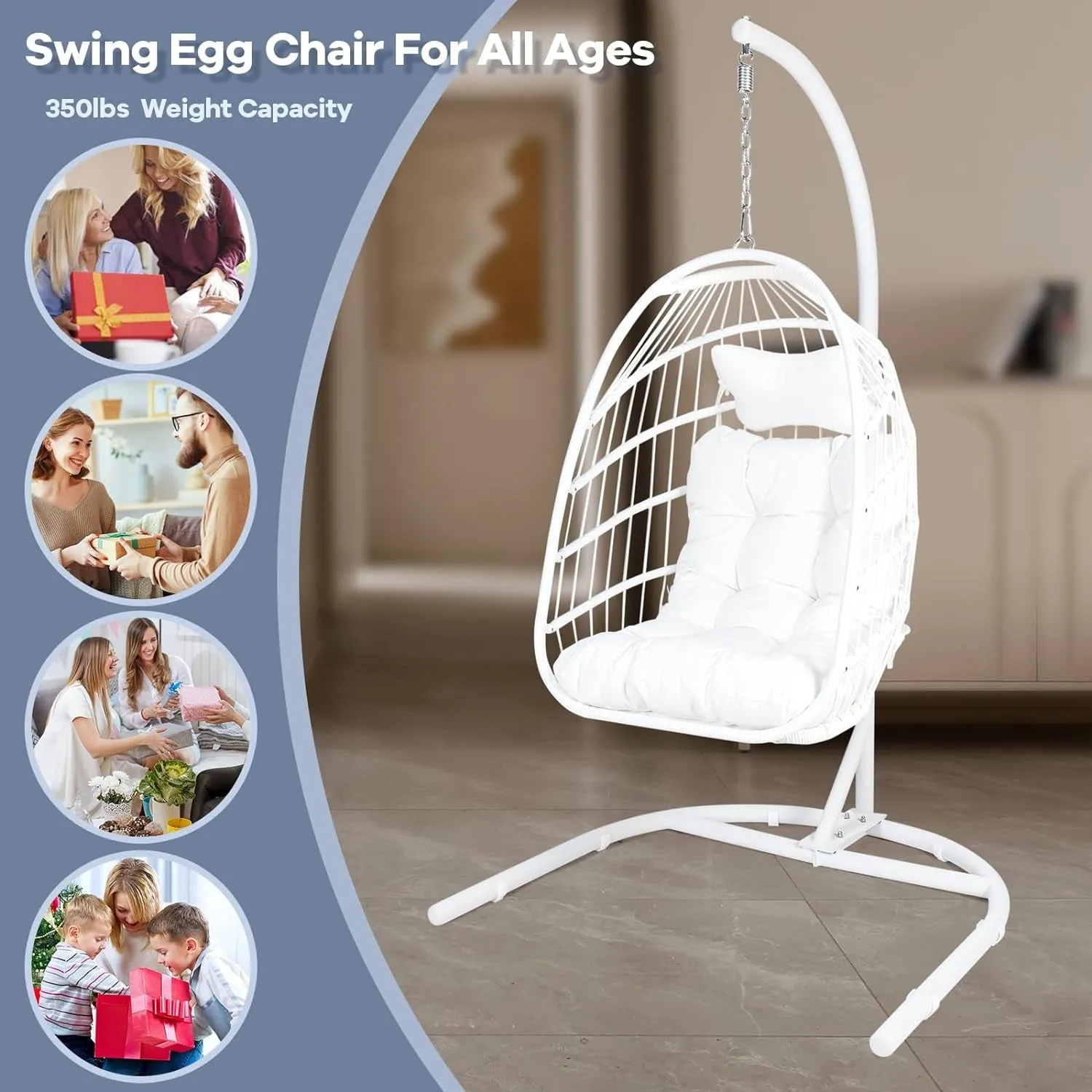 COOKCOK Hanging Egg Chair with Stand, Indoor and Outdoor for Patio, Bedroom, Porch, Garden, 350LBS Capacity, Steel, White