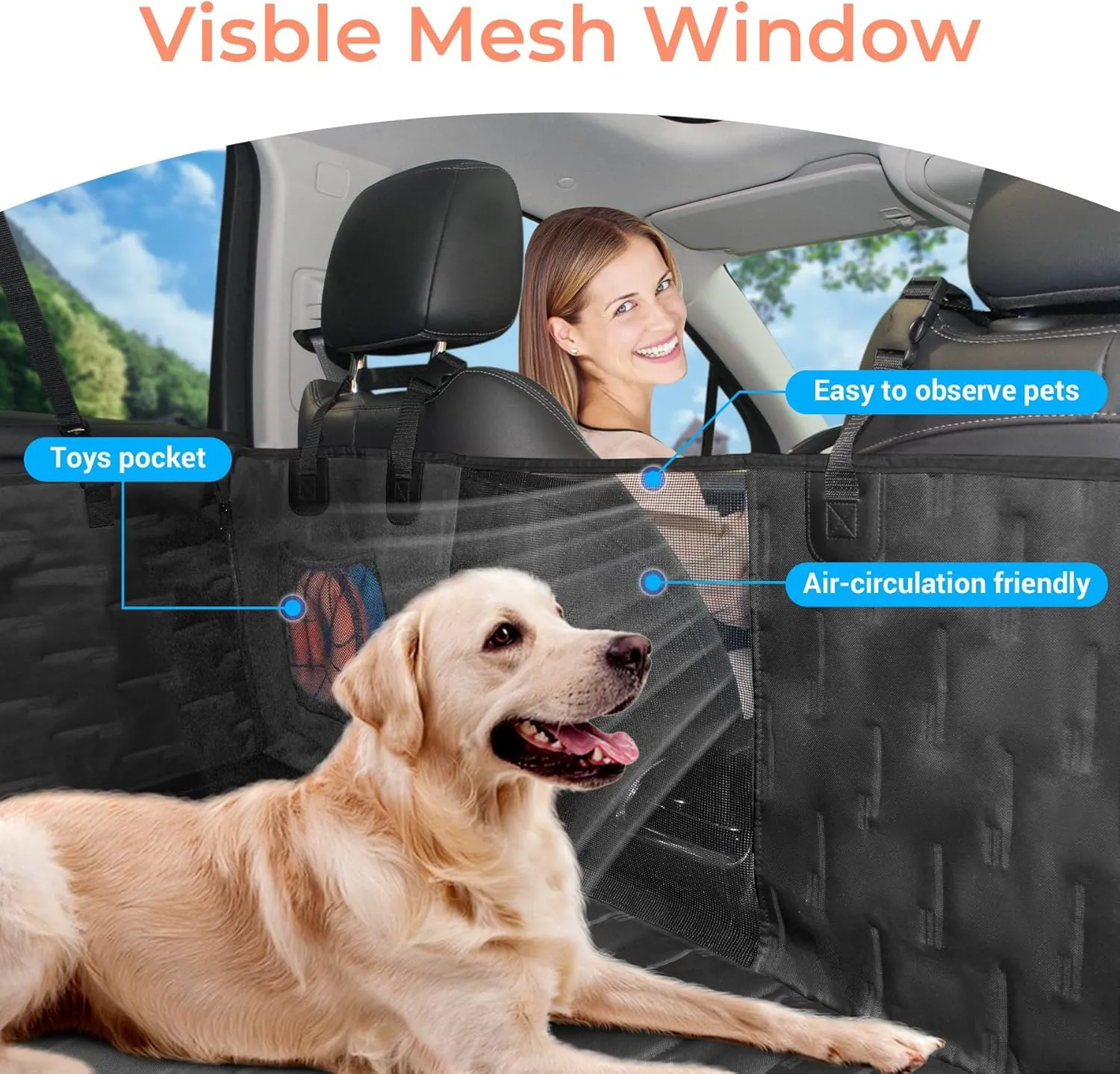 COOLBEBE Back Seat Extender for Dogs, Hard Bottom Car Seat Cover for Dogs with Mesh Window, Waterproof Nonslip Scratch Proof Extended Dog Hammock for Trucks and SUVs (Black)
