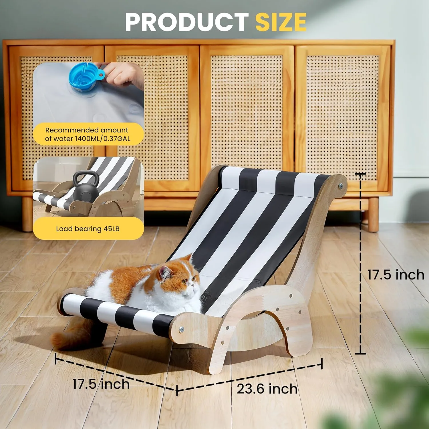 Cooling Cat Hammock Chair with Water Mat, Beach Style Lounger for Large Cats, Elevated Cat Beds for Indoor Cats, Waterproof Durable Pet Couch for Indoor & Outdoor Use(Black & White Stripes)