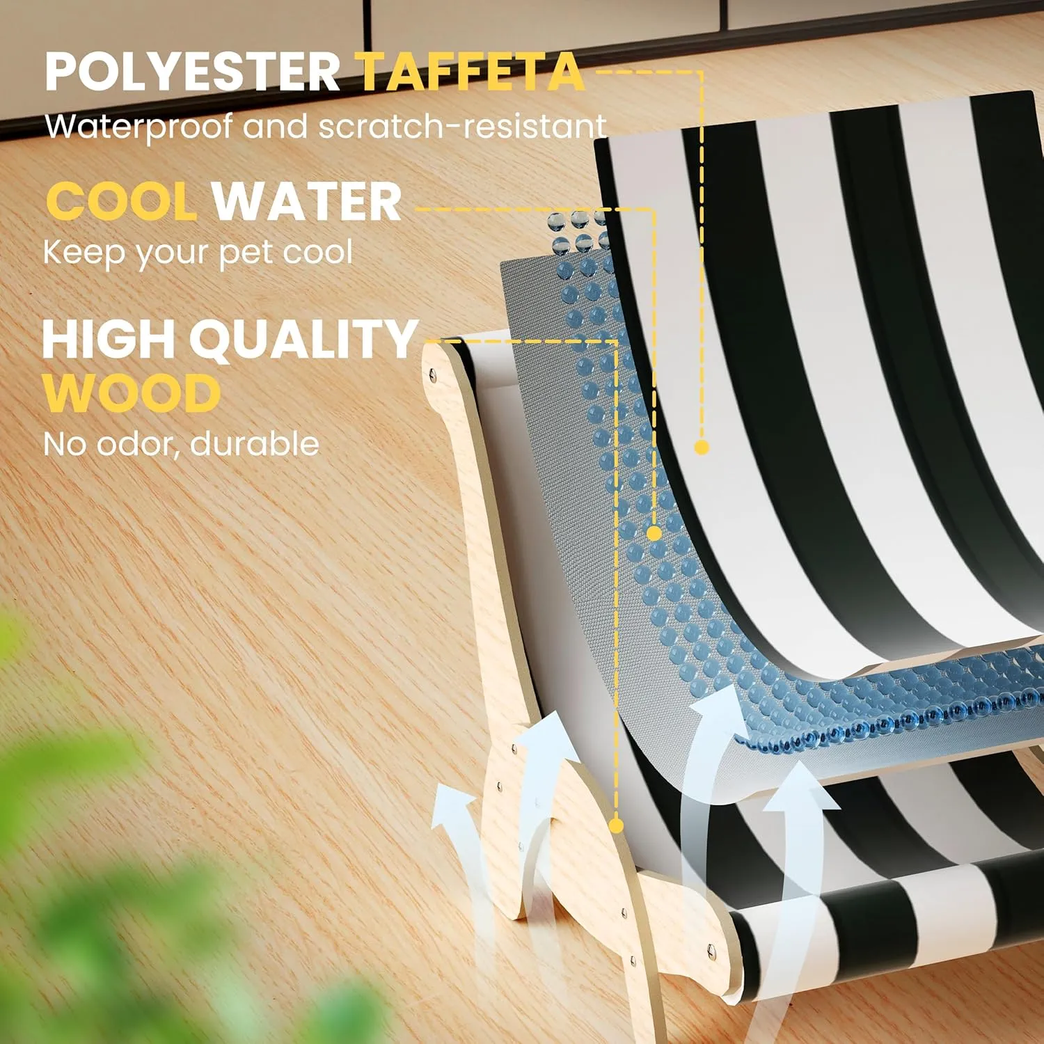 Cooling Cat Hammock Chair with Water Mat, Beach Style Lounger for Large Cats, Elevated Cat Beds for Indoor Cats, Waterproof Durable Pet Couch for Indoor & Outdoor Use(Black & White Stripes)