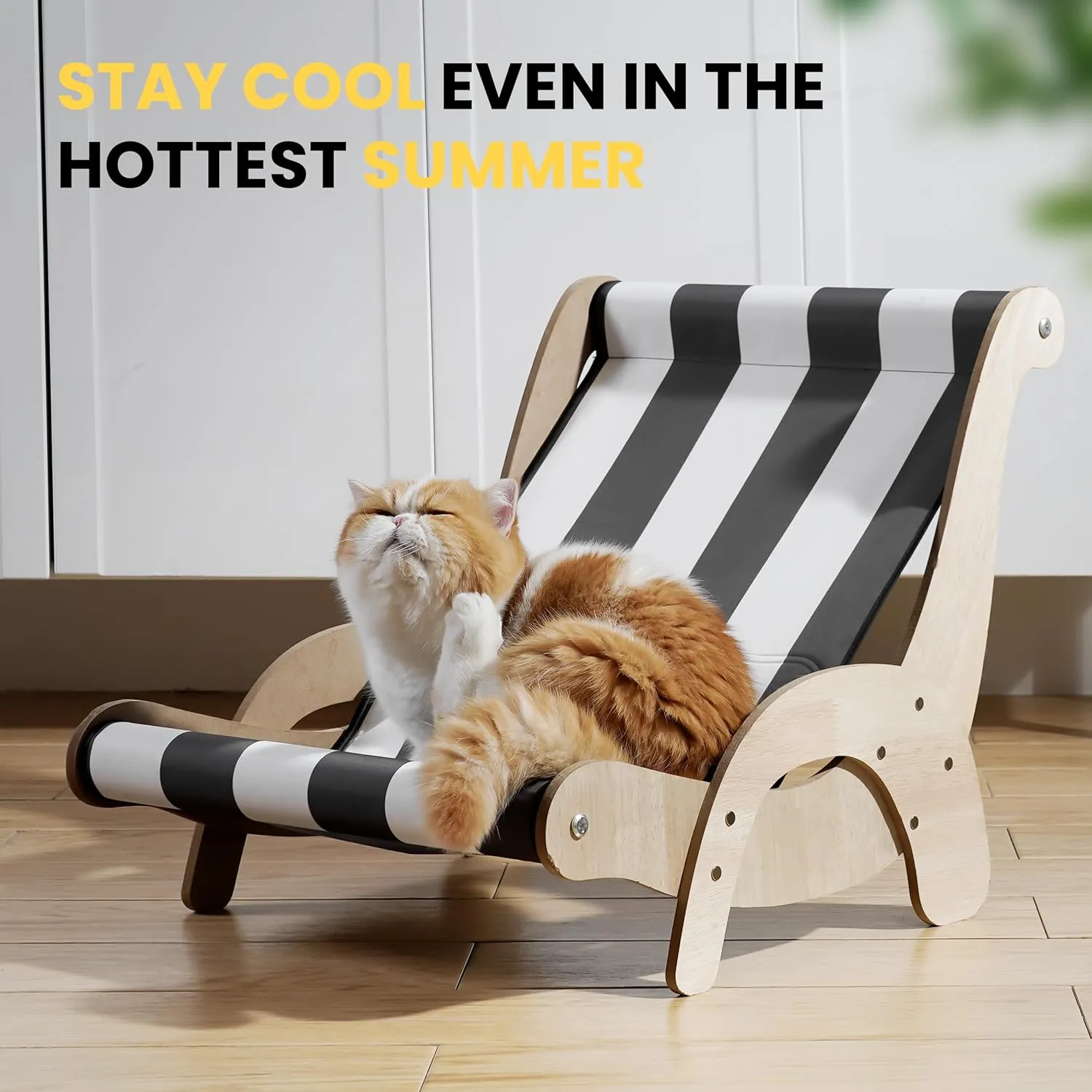 Cooling Cat Hammock Chair with Water Mat, Beach Style Lounger for Large Cats, Elevated Cat Beds for Indoor Cats, Waterproof Durable Pet Couch for Indoor & Outdoor Use(Black & White Stripes)