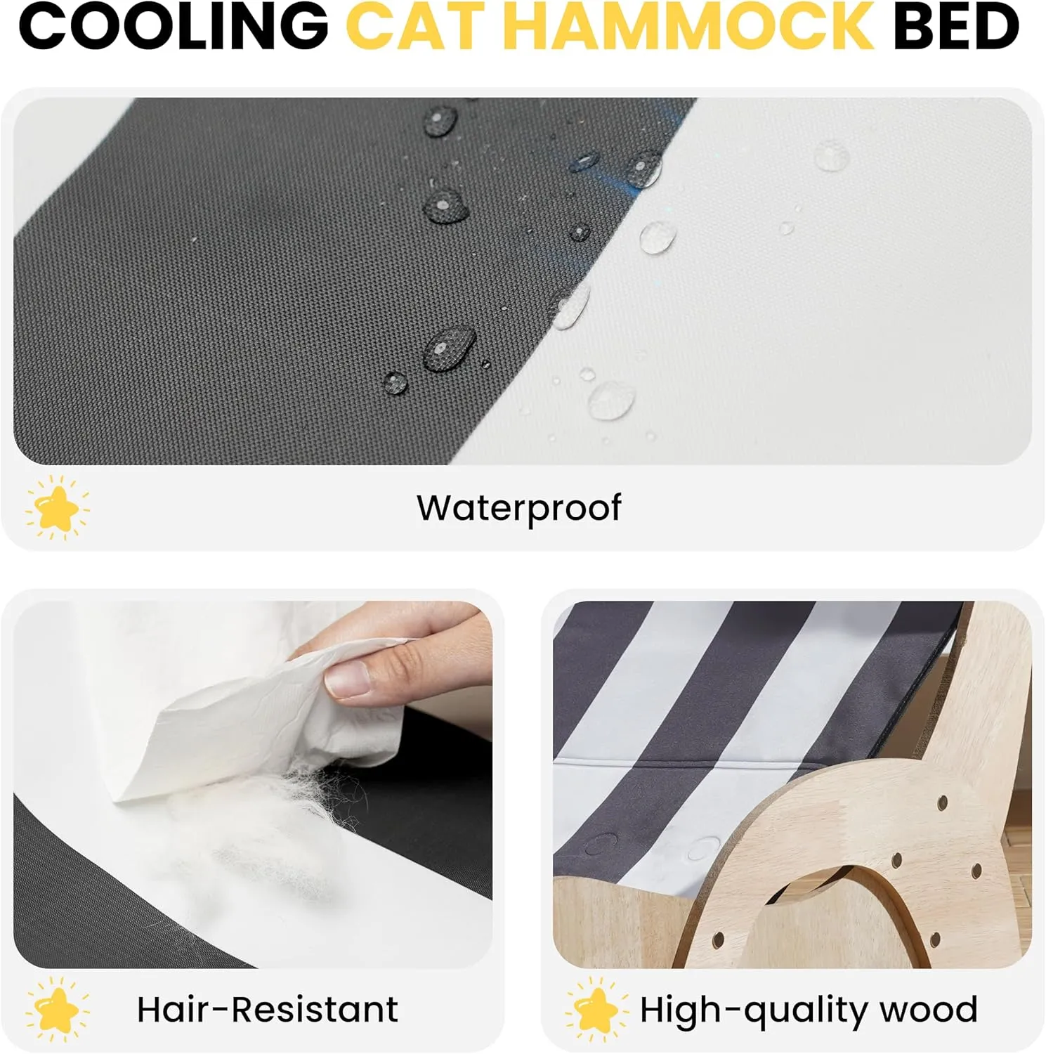 Cooling Cat Hammock Chair with Water Mat, Beach Style Lounger for Large Cats, Elevated Cat Beds for Indoor Cats, Waterproof Durable Pet Couch for Indoor & Outdoor Use(Black & White Stripes)