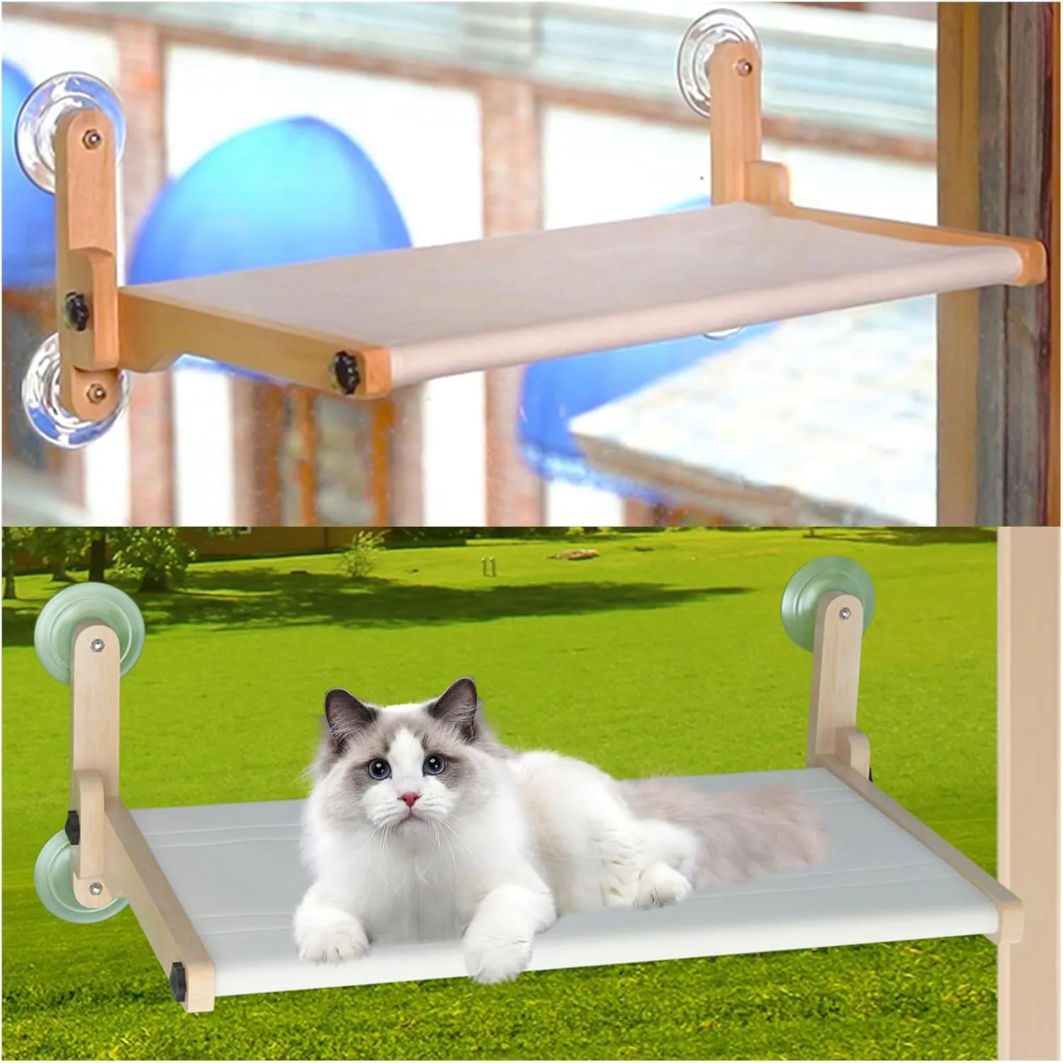 Cordless Cat Window Bed - Solidwood Hammock Seat With Suction Cups, Foldable Shelf Perch Heavy Duty for Cats Safe