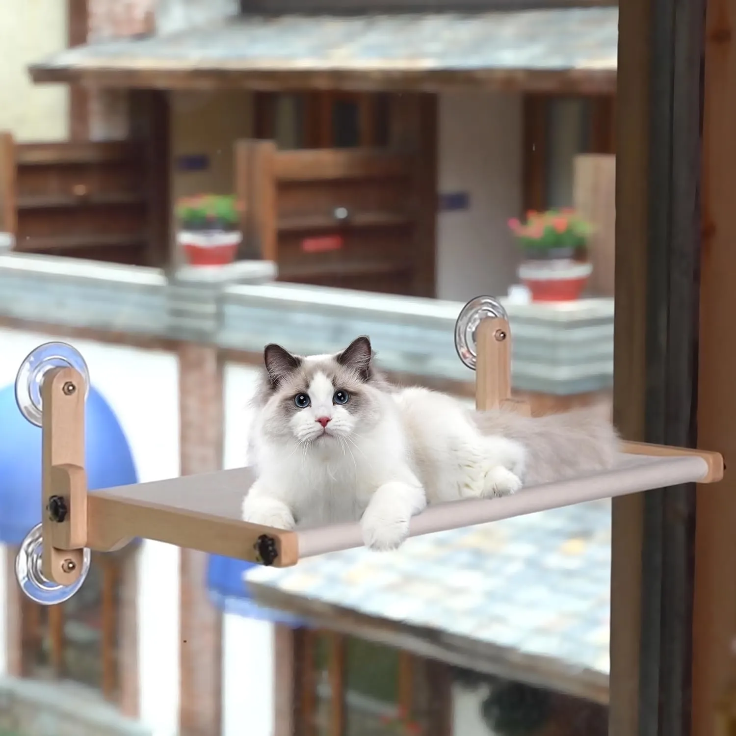 Cordless Cat Window Bed - Solidwood Hammock Seat With Suction Cups, Foldable Shelf Perch Heavy Duty for Cats Safe