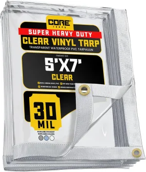 Core Tarps 30 Mil Extreme Heavy Duty Clear Tarp with Gromments - 5x7ft Super Clear Tarps Heavy Duty Waterproof Vinyl Tarpaulin, Transparent Tarp for Outdoor, Camping & Construction