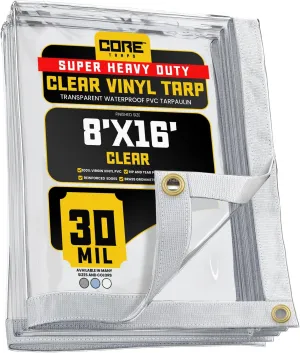 Core Tarps 30 Mil Extreme Heavy Duty Clear Tarp with Gromments - 8x16ft Super Clear Tarps Heavy Duty Waterproof Vinyl Tarpaulin, Transparent Tarp for Outdoor, Camping & Construction, Clear