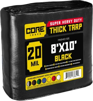 Core Tarps Extreme Heavy Duty 20 Mil Tarp Cover, Waterproof, UV Resistant, Rip and Tear Proof, Poly Tarpaulin with Reinforced Edges for Roof, Camping, Patio, Pool, Boat (Black 8′ X 10′)