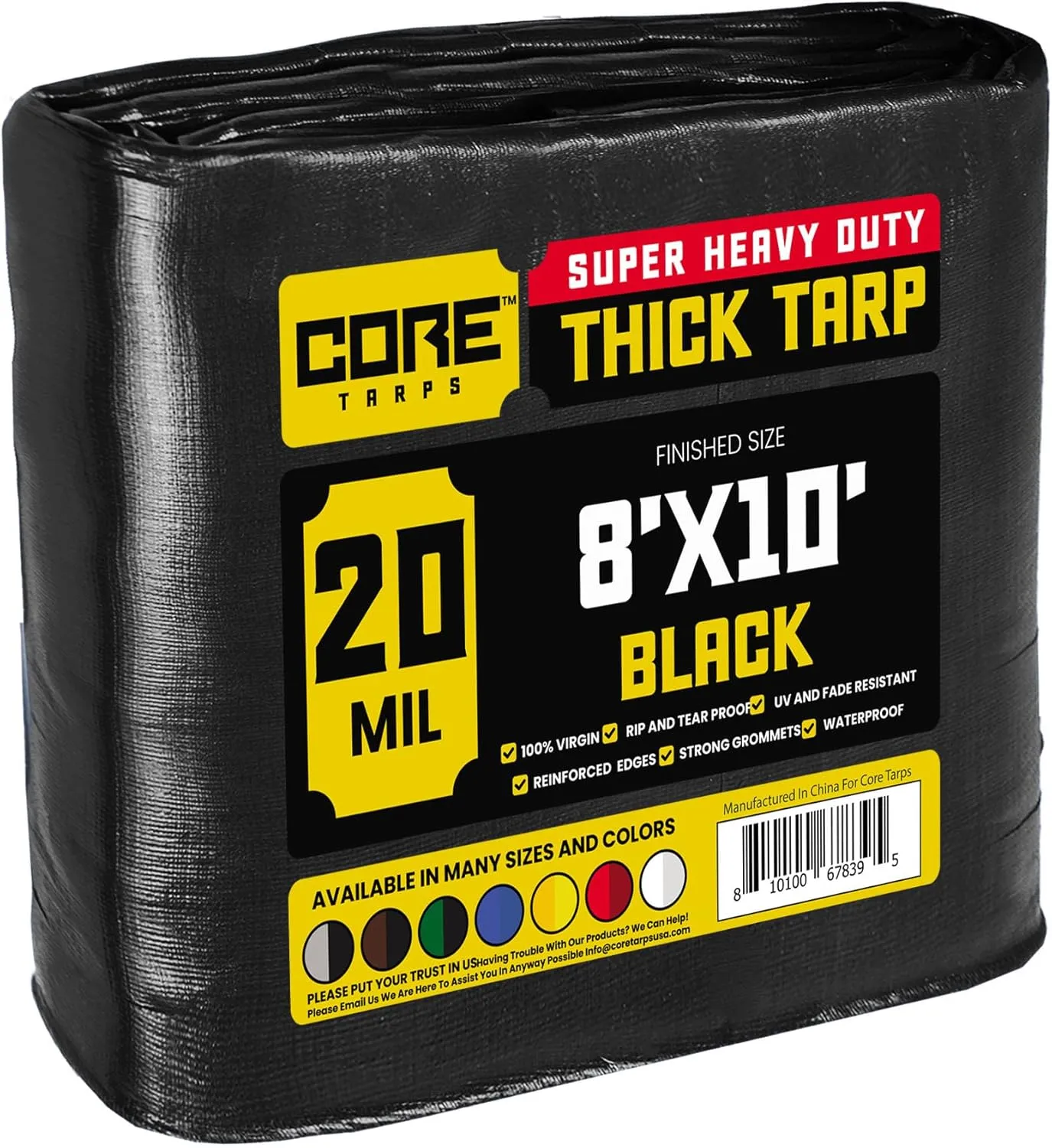 Core Tarps Extreme Heavy Duty 20 Mil Tarp Cover, Waterproof, UV Resistant, Rip and Tear Proof, Poly Tarpaulin with Reinforced Edges for Roof, Camping, Patio, Pool, Boat (Black 8′ X 10′)