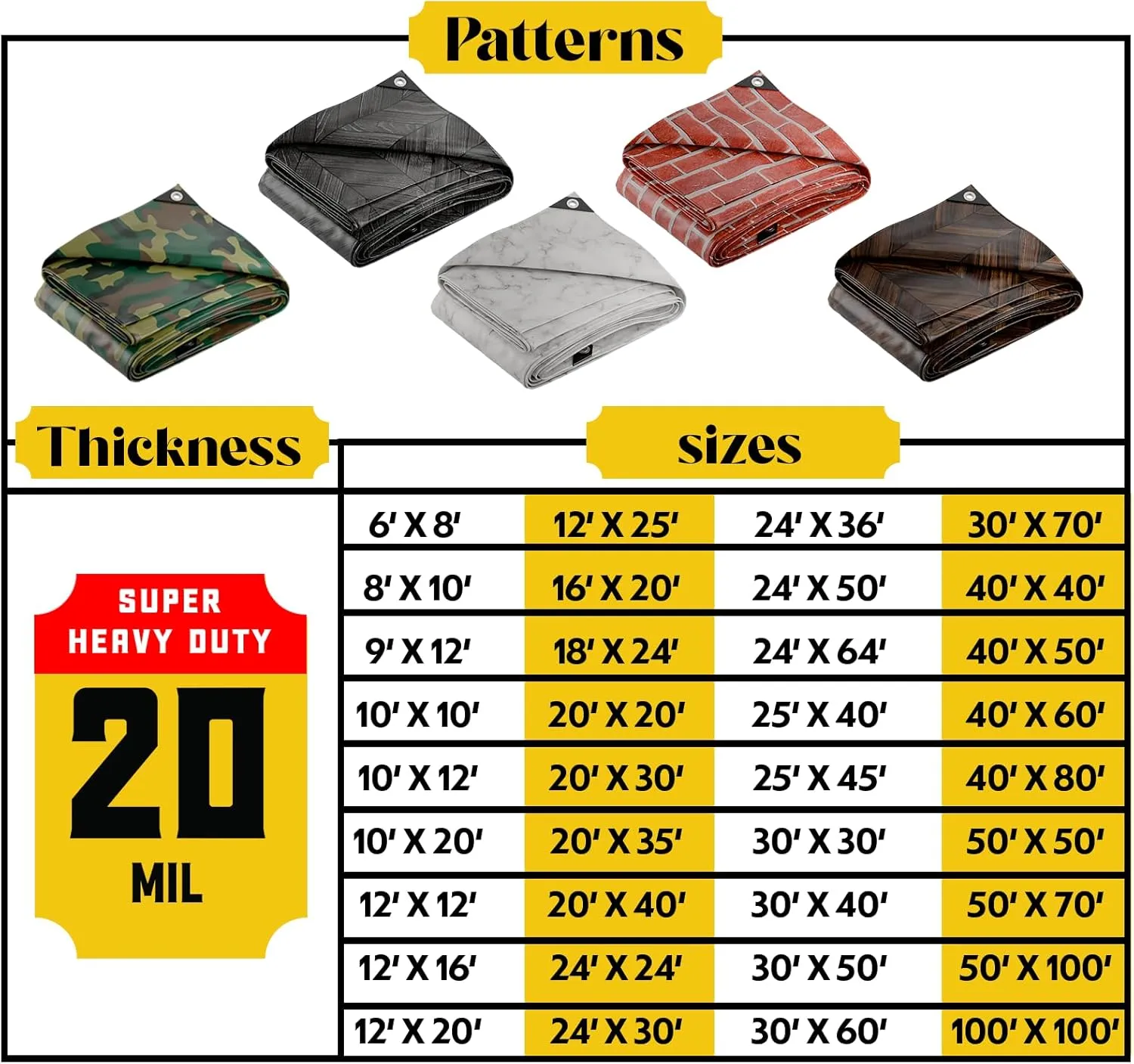 Core Tarps Extreme Heavy Duty 20 Mil Tarp Cover, Waterproof, UV Resistant, Rip and Tear Proof, Poly Tarpaulin with Reinforced Edges for Roof, Camping, Patio, Pool, Boat (Marble/White 30′ X 30′)