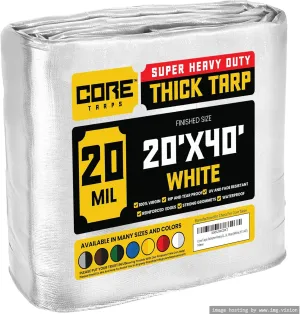 Core Tarps Extreme Heavy Duty 20 Mil Tarp Cover, Waterproof, UV Resistant, Rip and Tear Proof, Poly Tarpaulin with Reinforced Edges for Roof, Camping, Patio, Pool, Boat (White 20′ X 40′)