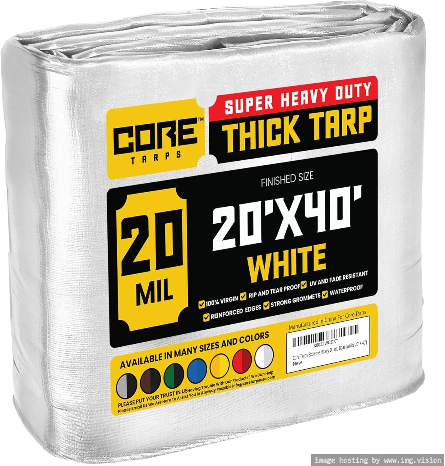 Core Tarps Extreme Heavy Duty 20 Mil Tarp Cover, Waterproof, UV Resistant, Rip and Tear Proof, Poly Tarpaulin with Reinforced Edges for Roof, Camping, Patio, Pool, Boat (White 20′ X 40′)