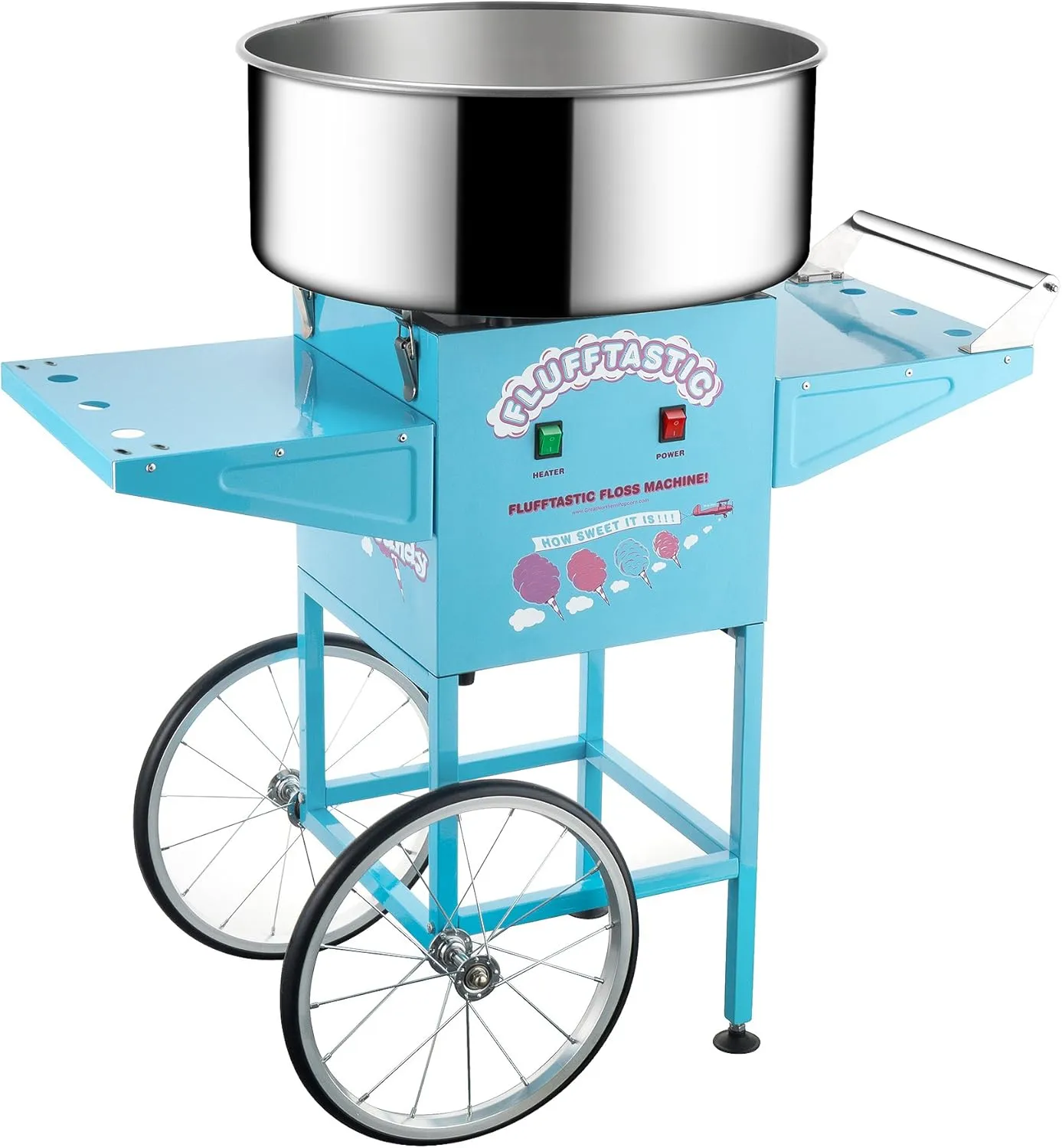 Cotton Candy Machine With Cart – 1000W Flufftastic Floss Maker With Stainless-Steel Pan, Side Trays, And 13in Wheels By Great Northern Popcorn (Blue)