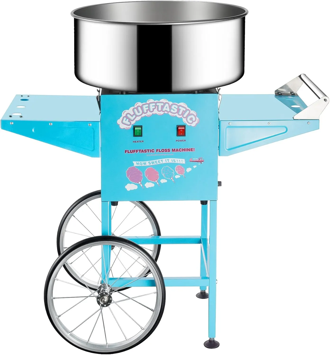 Cotton Candy Machine With Cart – 1000W Flufftastic Floss Maker With Stainless-Steel Pan, Side Trays, And 13in Wheels By Great Northern Popcorn (Blue)