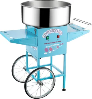 Cotton Candy Machine With Cart – 1000W Flufftastic Floss Maker With Stainless-Steel Pan, Side Trays, And 13in Wheels By Great Northern Popcorn (Blue)