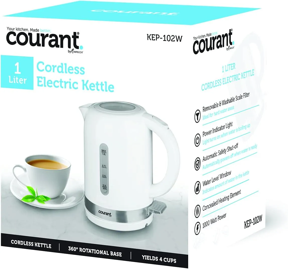 Courant Cordless Electric Kettle 1 Liter, 1000W 360 Rotational with LED Light for Tea Coffee Hot Chocolate Soup Hot Water, White