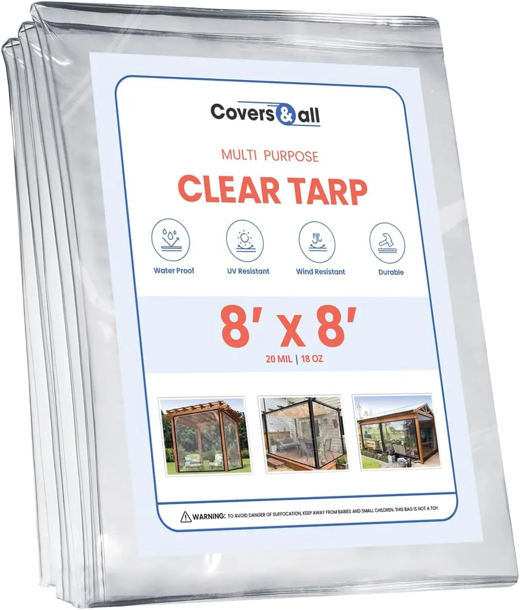Covers & all Heavy Duty Multipurpose Clear Tarp with Grommets, Waterproof 20mil Vinyl Material (8' H x 8' W feet), Designed for Indoor or Outdoor Use