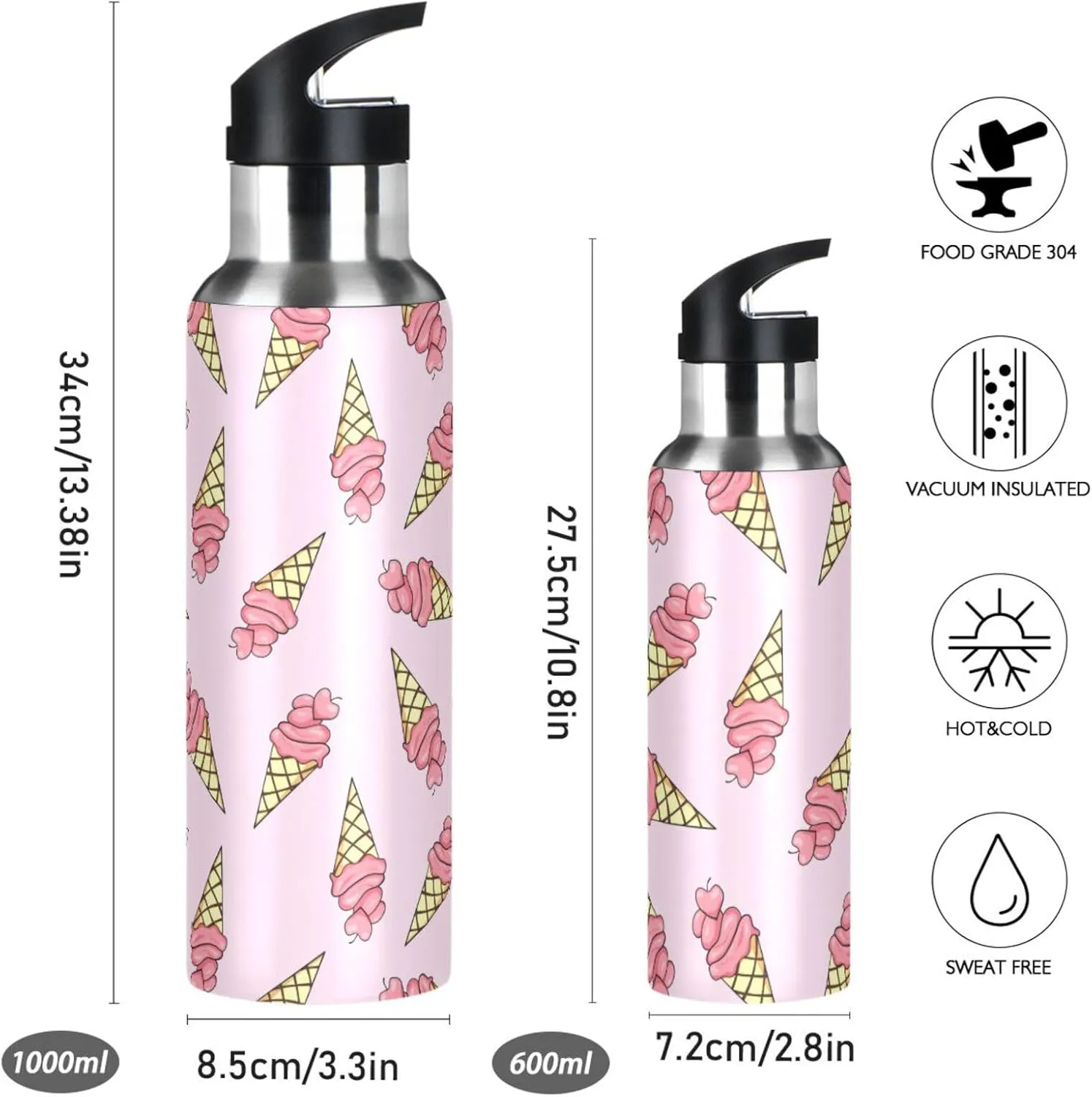 Cute Ice Cream Water Bottle with Straw Lid Double Wall Pink Thermos Bottle Vacuum Insulated Flask Stainless Steel Water Bottle for Gym Outdoor 20 OZ