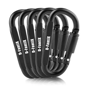 D-FantiX Aluminum Locking Carabiner Keychain Hook D Ring Clips EDC Gear, Black, Pack of 5