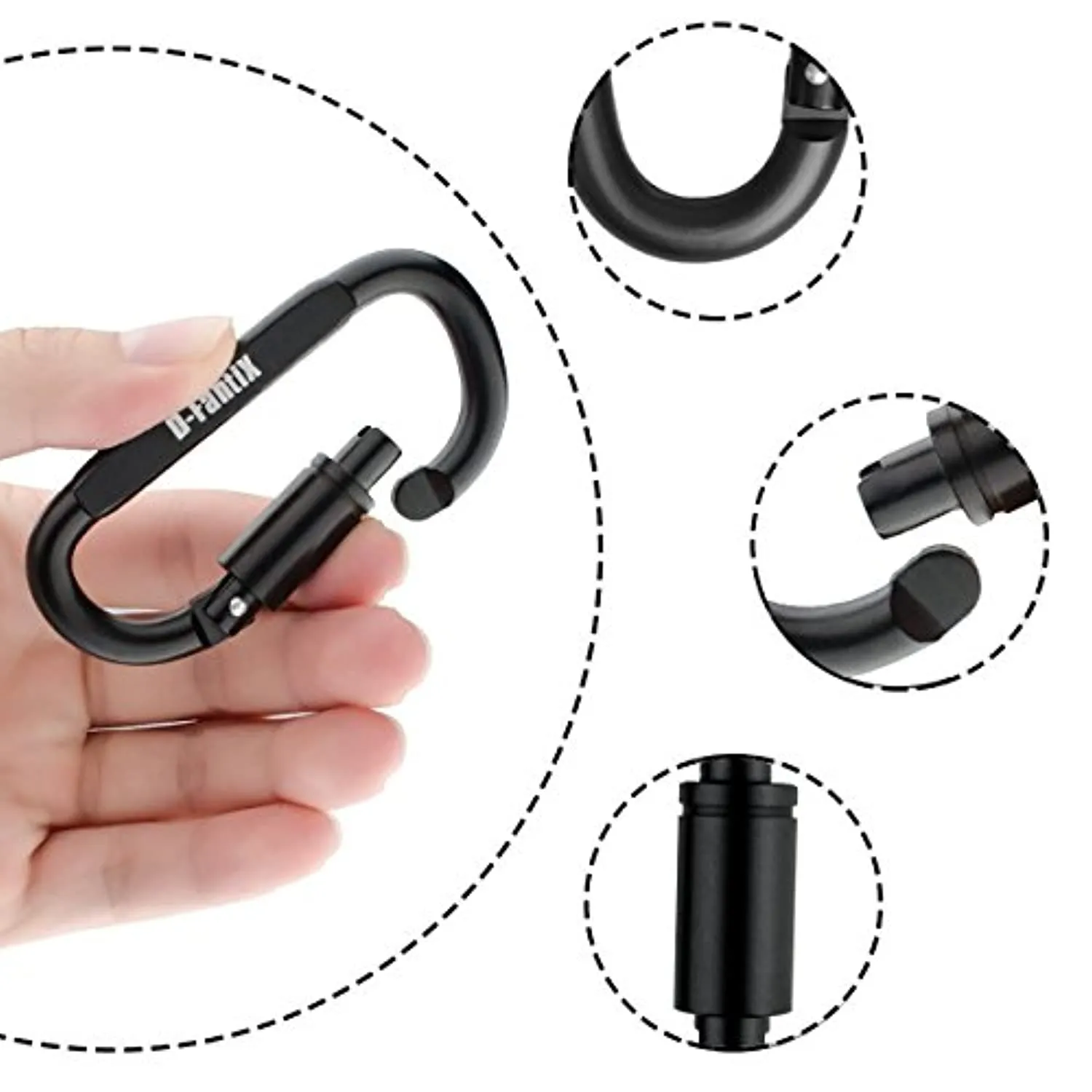 D-FantiX Aluminum Locking Carabiner Keychain Hook D Ring Clips EDC Gear, Black, Pack of 5