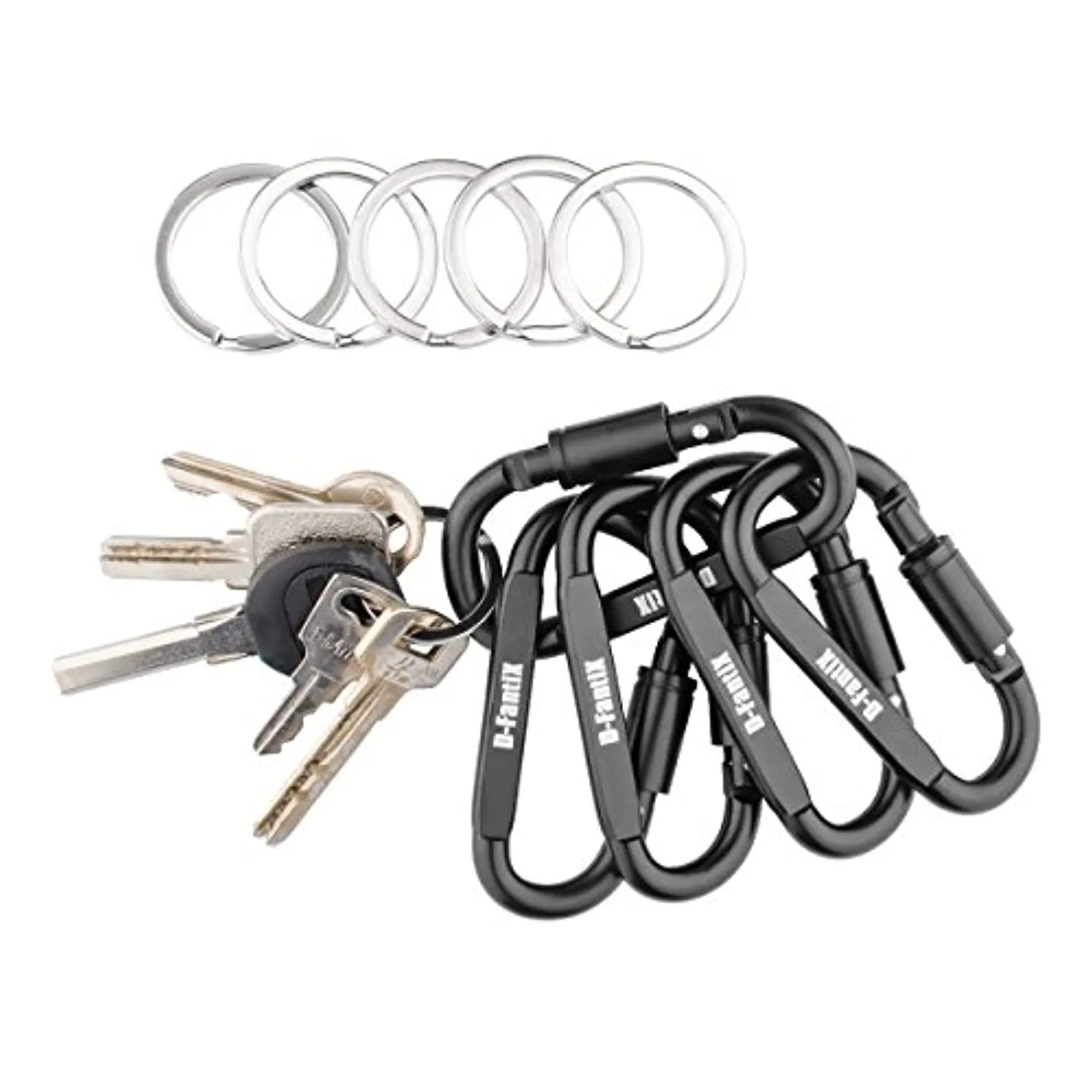 D-FantiX Aluminum Locking Carabiner Keychain Hook D Ring Clips EDC Gear, Black, Pack of 5